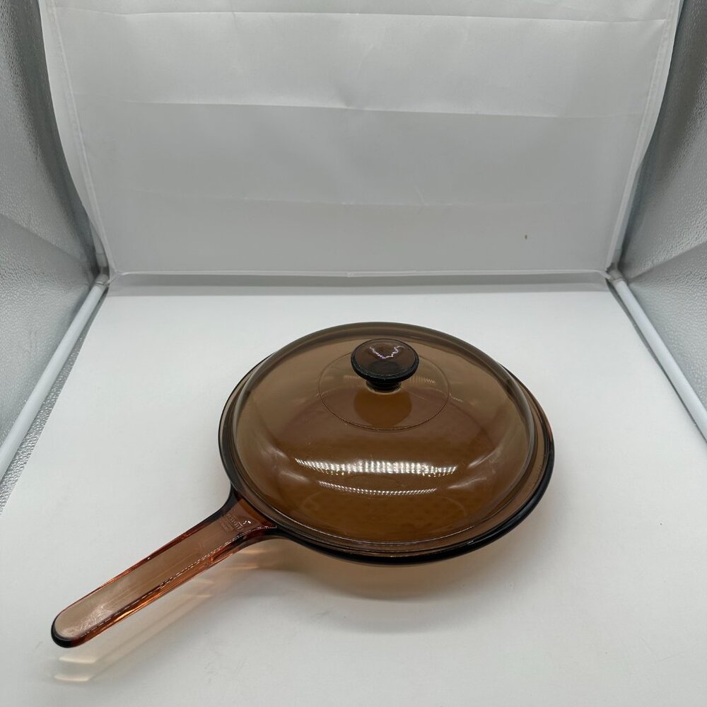 Vintage Corning 10" Corning Vision France Waffle Bottom Skillet Pan Amber & Lid